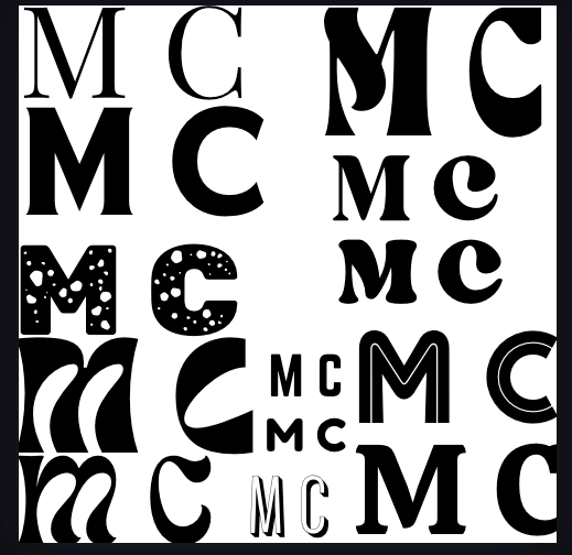 A grid of MC letterform pairs set in many different display typefaces, black on white