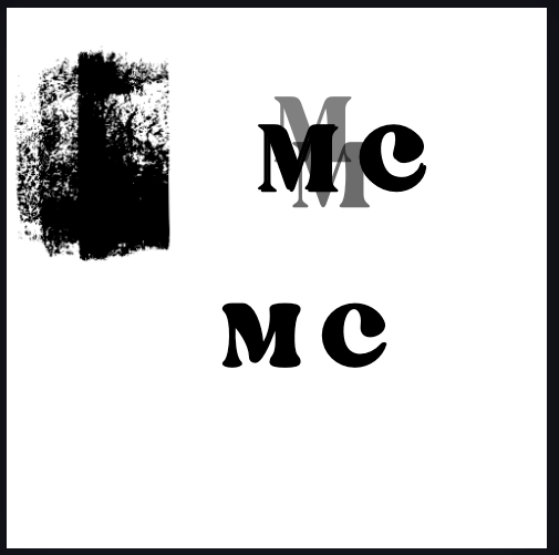 An inky grunge scrap beside two MC lockups, one with a grey ghost M sitting behind it